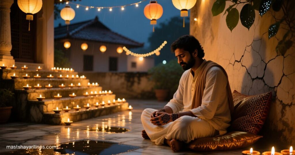 Lonely diya glowing softly on Diwali night.