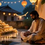 Lonely diya glowing softly on Diwali night.