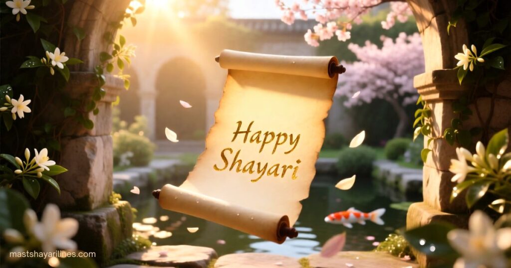 Bright, cheerful background with ‘Happy Shayari’ text.