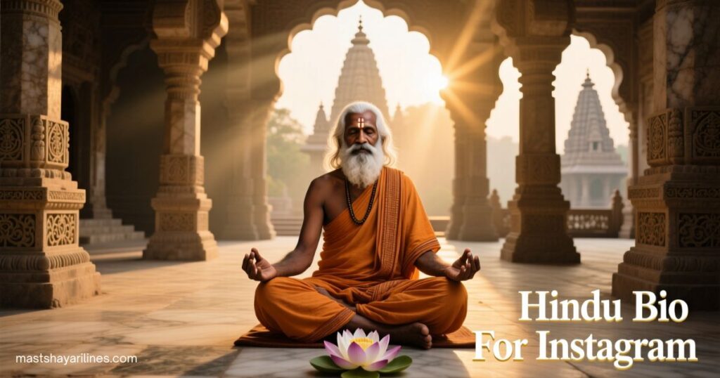 Hindu-themed Instagram bio image with spiritual symbols and saffron tones.