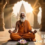 Hindu-themed Instagram bio image with spiritual symbols and saffron tones.