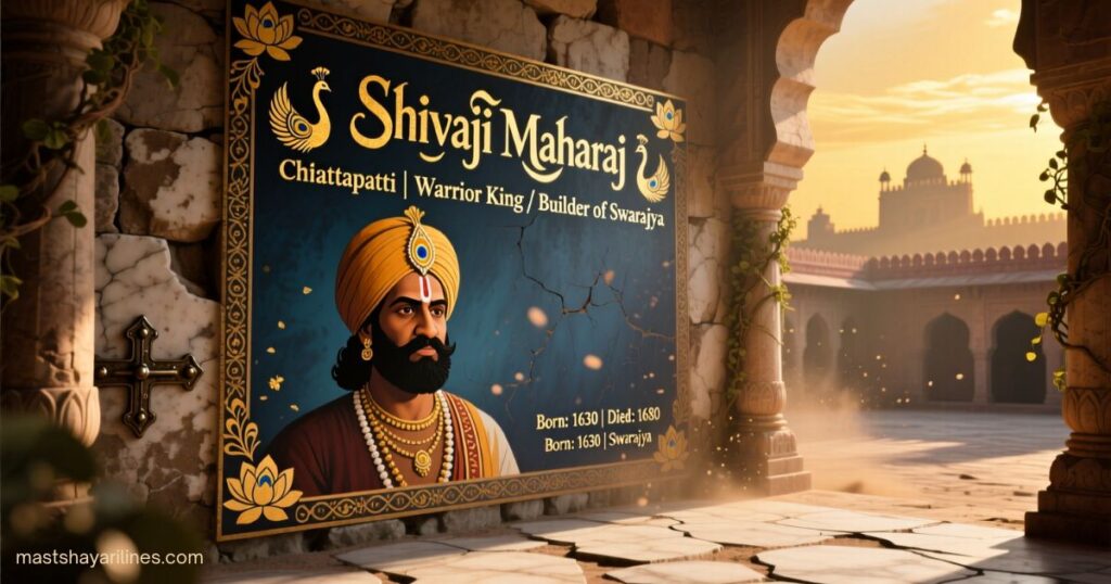 Shivaji Maharaj in warrior attire holding a sword.