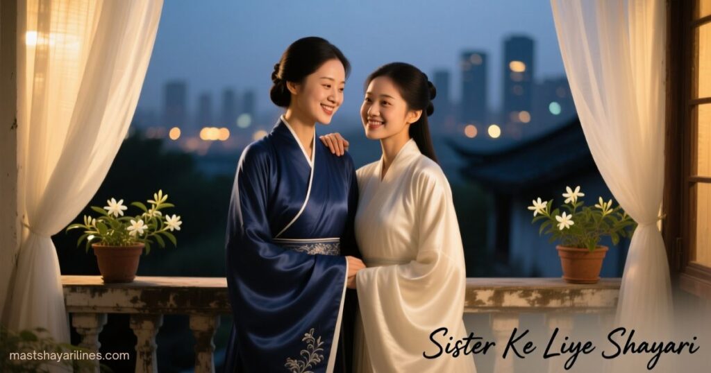 "Two sisters sharing a loving moment."