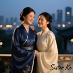 "Two sisters sharing a loving moment."