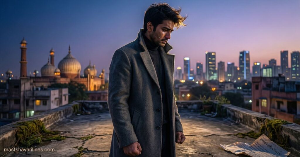 “Lonely person reflecting heartbreak, representing Bewafa Shayari in Hindi.”