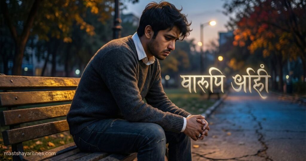 “Sad person sitting alone on a bench with ‘ब्रेकअप शायरी’ text, symbolizing heartbreak.”