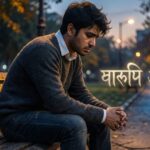 “Sad person sitting alone on a bench with ‘ब्रेकअप शायरी’ text, symbolizing heartbreak.”