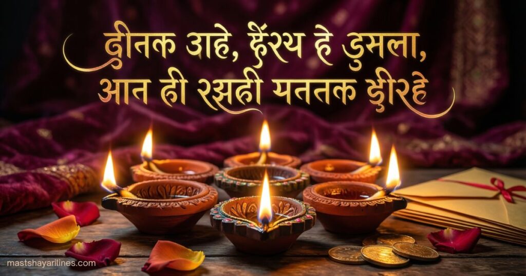 "Glowing Diwali diyas with Hindi Shayari text in the background."