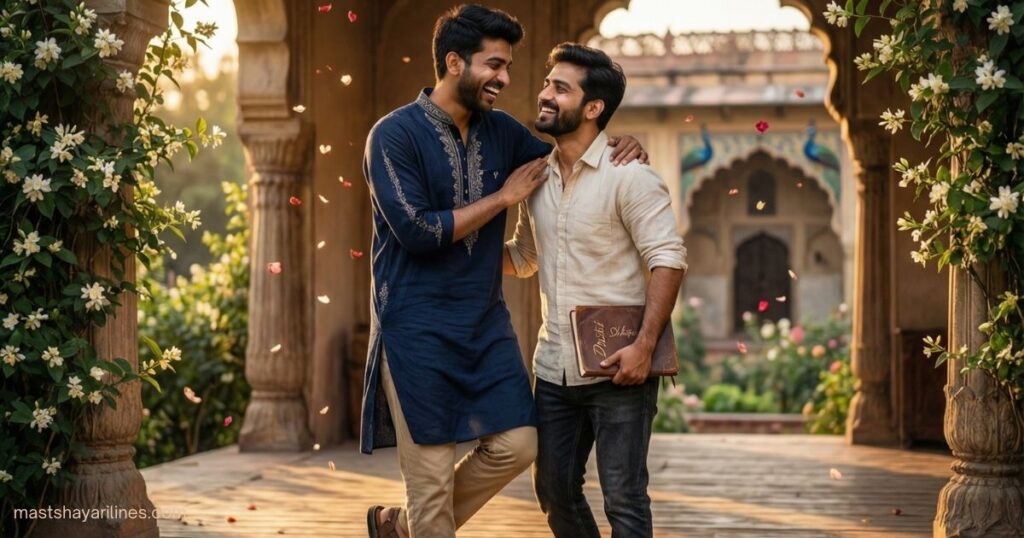 “Two friends laughing together, celebrating friendship.”