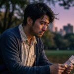 "Person sitting alone, looking regretful and sad."