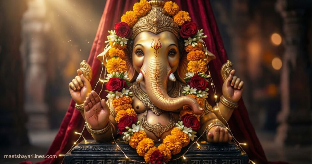 “Lord Ganpati idol decorated with flowers and lights.”