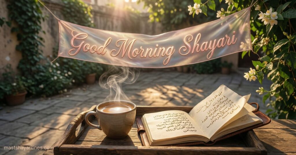 "Sunlit morning with 'Good Morning Shayari' in elegant script."