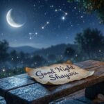 “Crescent moon and stars shining over a peaceful night sky.”