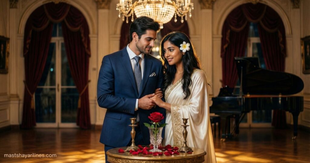 "Couple celebrating anniversary with love and flowers."