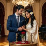 "Couple celebrating anniversary with love and flowers."