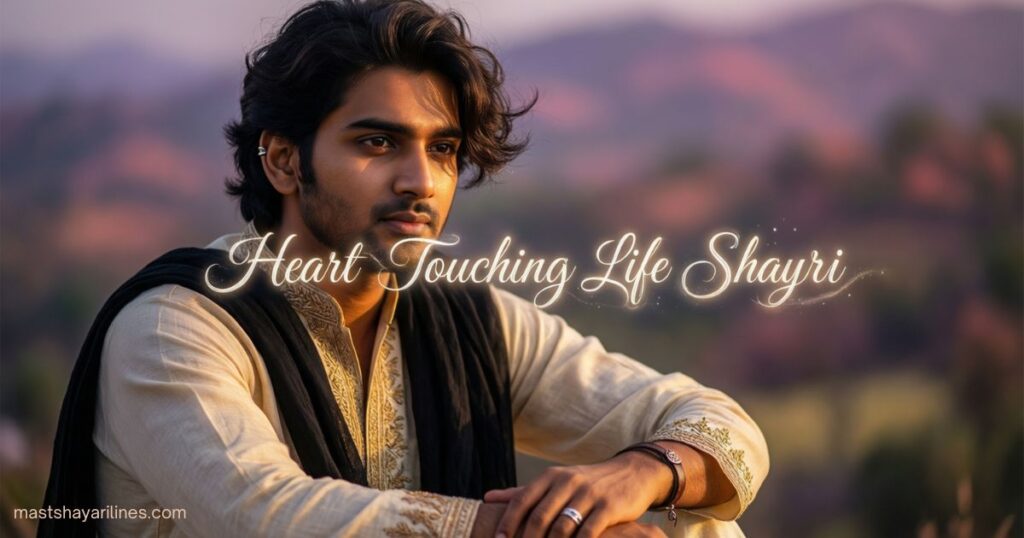 "Heartfelt life Shayari on a soft glowing background."