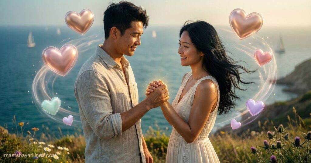 “Smiling couple holding hands with heart icons around them.”