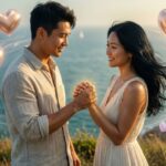 “Smiling couple holding hands with heart icons around them.”