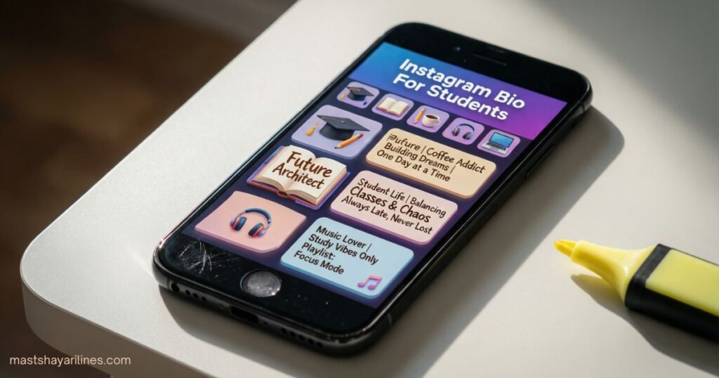 "Smartphone showing Instagram bio ideas for students with school-themed icons."