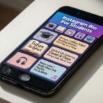 "Smartphone showing Instagram bio ideas for students with school-themed icons."
