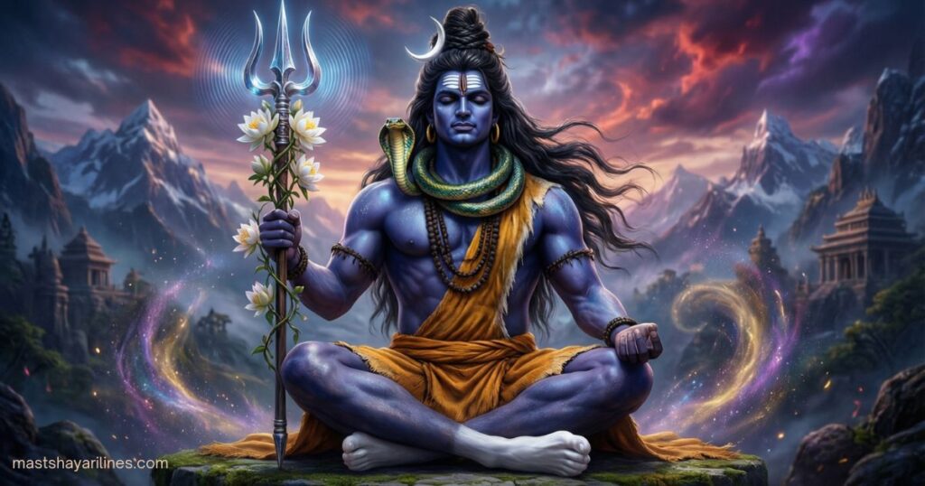 "Lord Shiva meditating with a trident and crescent moon, radiating divine energy."