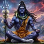 "Lord Shiva meditating with a trident and crescent moon, radiating divine energy."