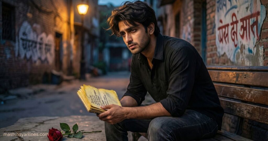 "Thoughtful person alone, reflecting selfishness and betrayal — Matlabi Shayari in Hindi."