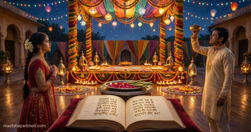 "Festive Navratri celebration with lights and decorations."