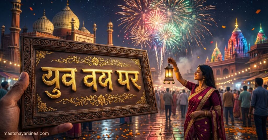 "Happy New Year message in Hindi with fireworks."
