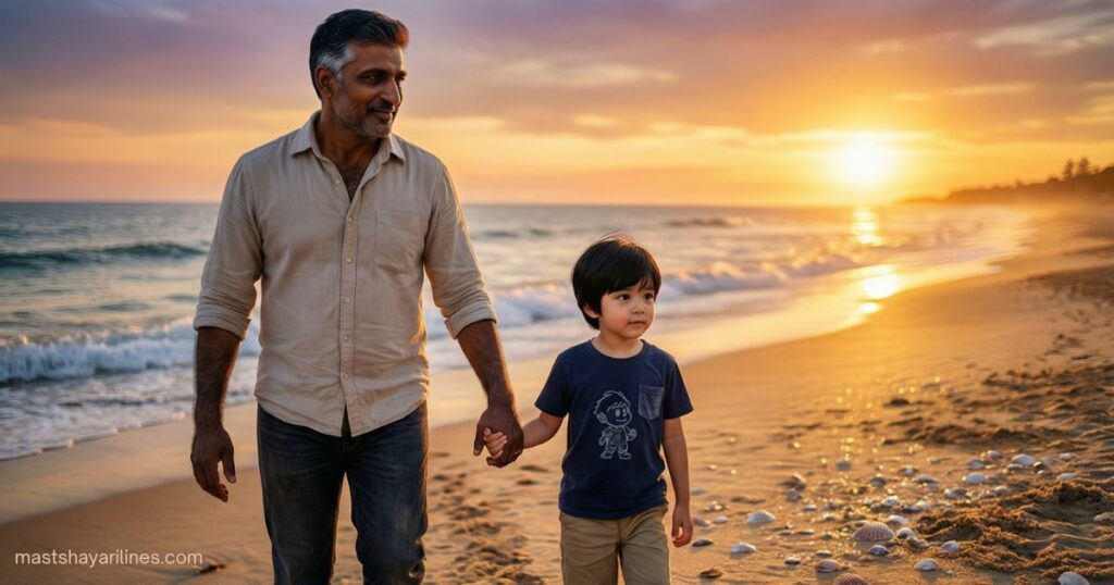 “Father and child holding hands at sunset.”