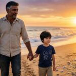 “Father and child holding hands at sunset.”