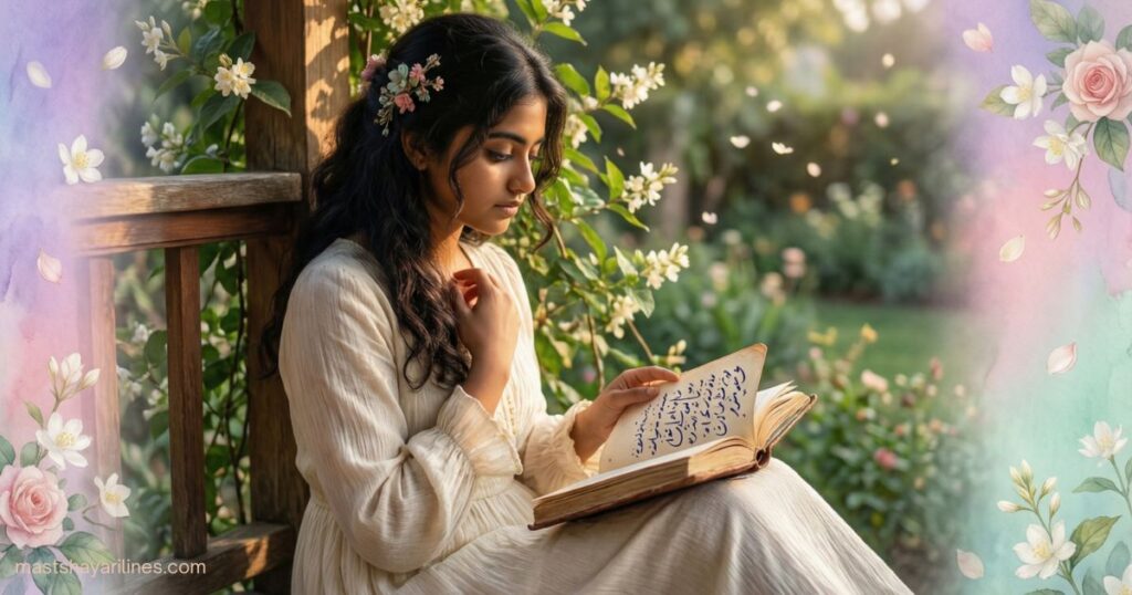 "Girl reading poetry with soft pastel and floral background."