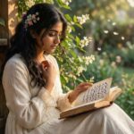 "Girl reading poetry with soft pastel and floral background."