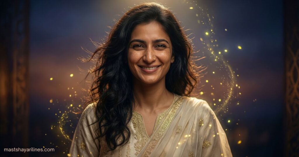 A smiling person surrounded by soft, glowing accents.