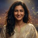 A smiling person surrounded by soft, glowing accents.