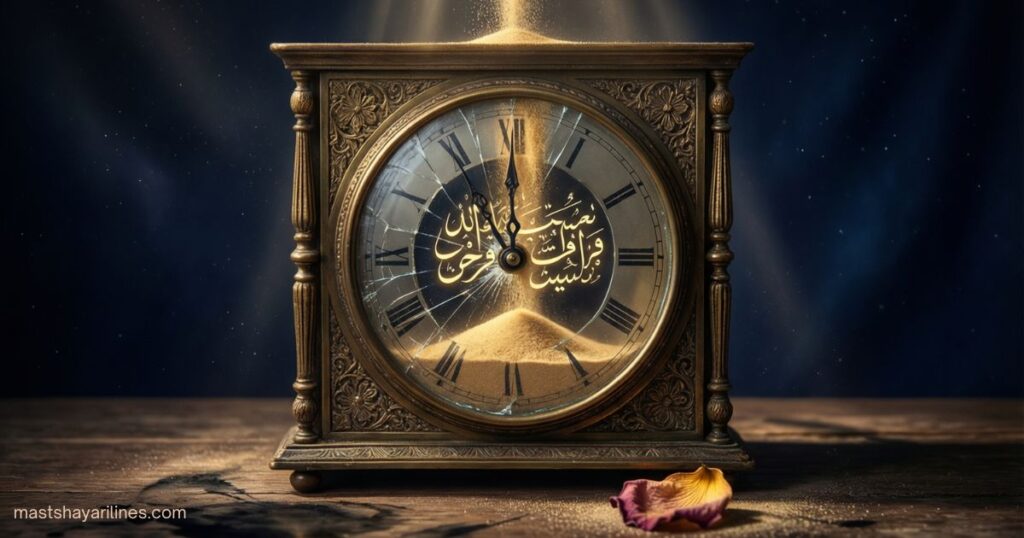 "Clock with flowing sand and poetic calligraphy, symbolizing time."