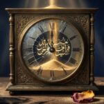 "Clock with flowing sand and poetic calligraphy, symbolizing time."