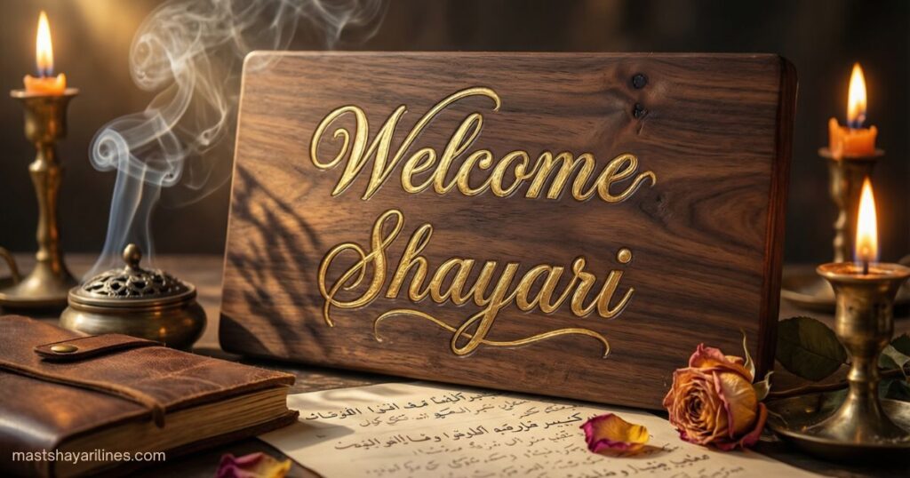 “Warm welcome greeting with elegant design for Shayari.”