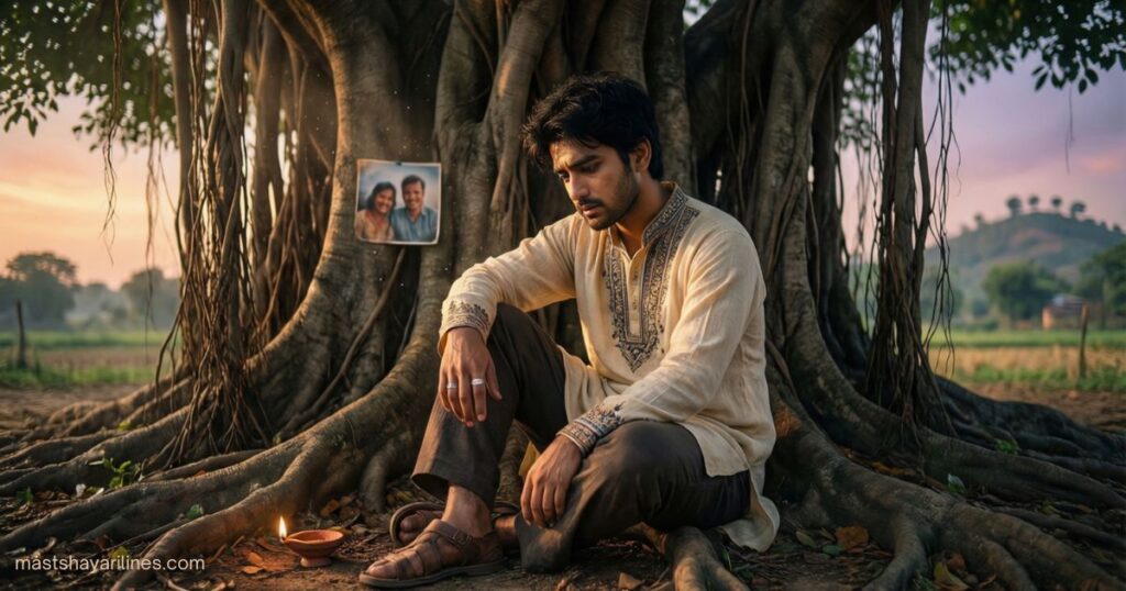 “Person sitting alone under a tree, lost in memories.”