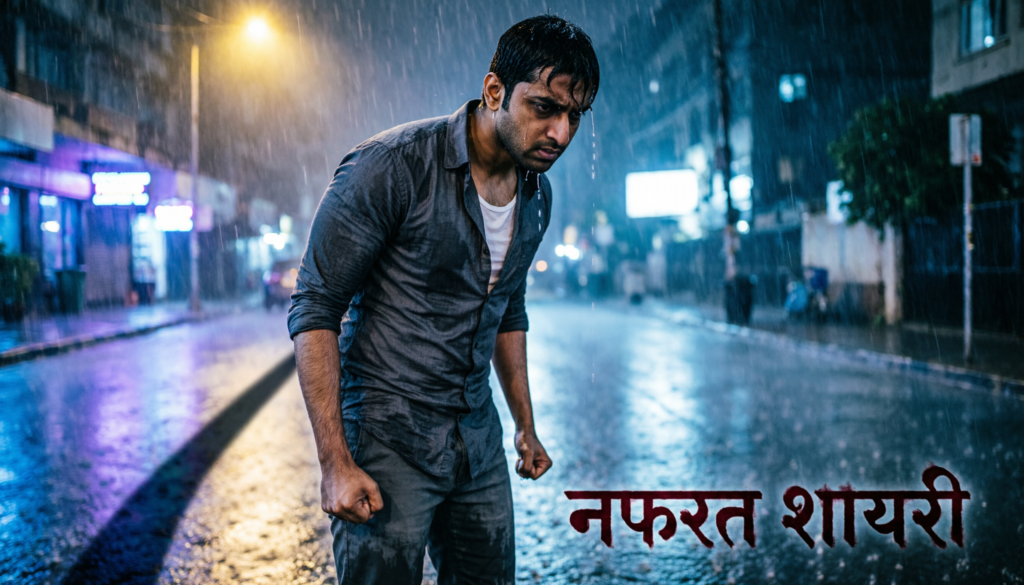 A lone figure in the rain with “Nafrat Shayari” in Hindi, evoking feelings of anger and heartbreak.