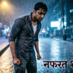 A lone figure in the rain with “Nafrat Shayari” in Hindi, evoking feelings of anger and heartbreak.