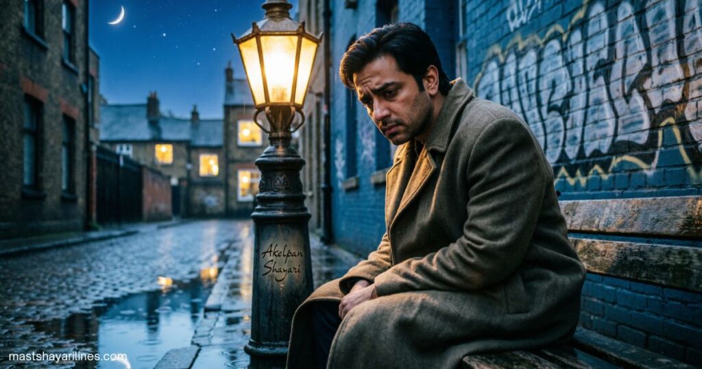 A lone figure sitting under a streetlamp at night, reflecting in solitude.