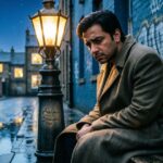 A lone figure sitting under a streetlamp at night, reflecting in solitude.
