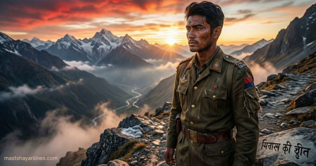 "Soldier in uniform standing on a mountain at sunrise, symbolizing courage."