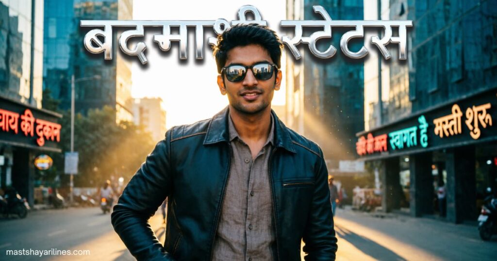 Confident young man in sunglasses with bold Hindi text “Badmashi Status” overlaid.