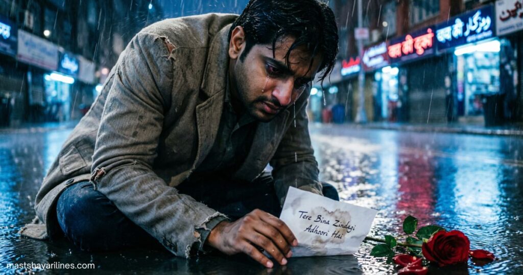 A sad person sitting alone in the rain, symbolizing broken trust.“Bharosa toot gaya…” — the pain of betrayal.