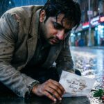 A sad person sitting alone in the rain, symbolizing broken trust.“Bharosa toot gaya…” — the pain of betrayal.