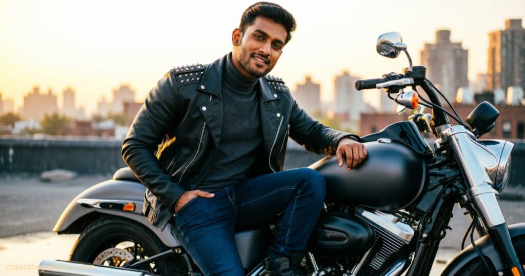 “Rider leaning on a motorcycle, exuding bold attitude.”