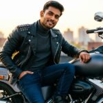 “Rider leaning on a motorcycle, exuding bold attitude.”