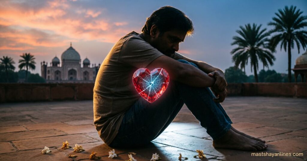 Silhouette of a person sitting alone with a cracked heart symbol, representing heartbreak.
